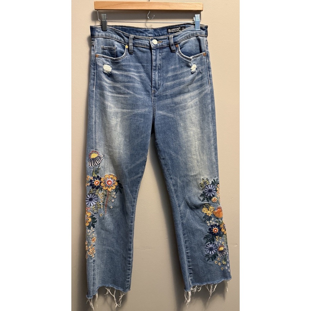 BLANKNYC Great Jones Jeans 30 High Rise Crop Floral Embroidered Raw Hem Boho
